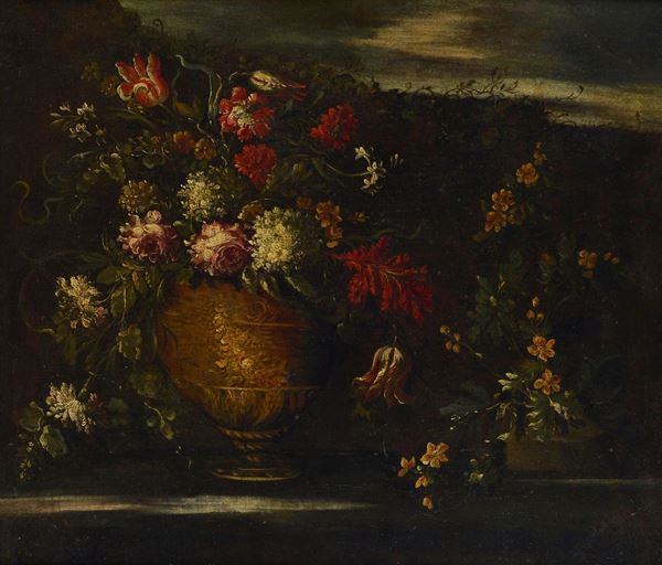 Scuola Romana, XVII sec. - Still life with vase and flowers in the landscape