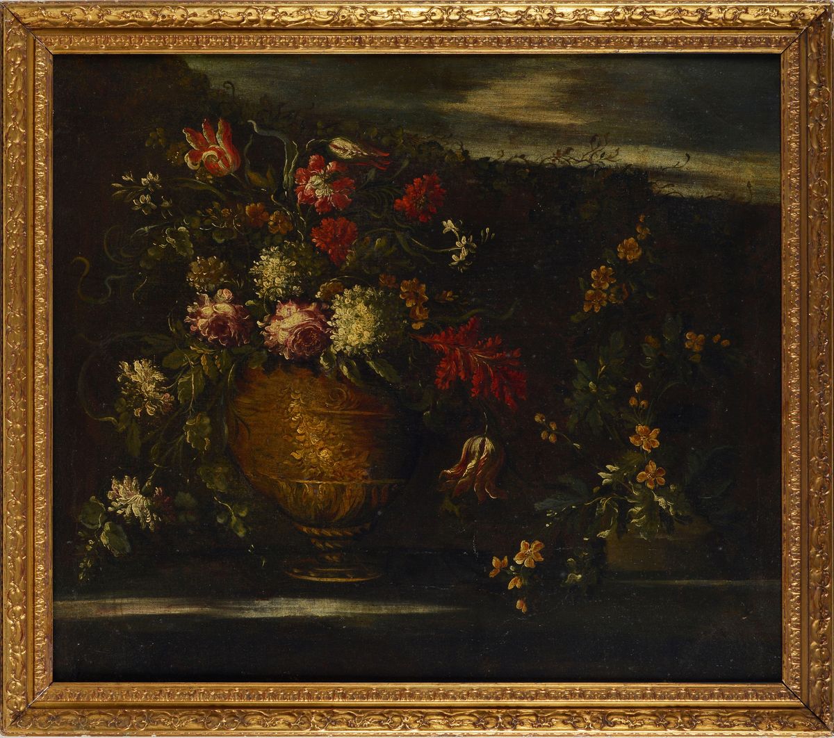 Scuola Romana, XVII Sec. - Natura Morta con Vaso e Fiori nel Paesaggio