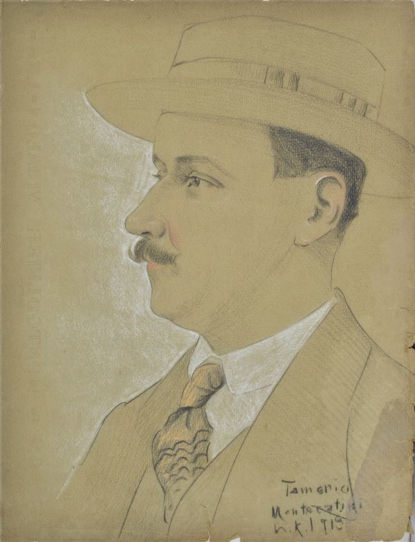 Anonimo, XIX - XX sec. : Uomo con baffi  (1919)  - Matite su carta - Asta AUTORI DEL XIX E XX SEC - Galleria Pananti Casa d'Aste