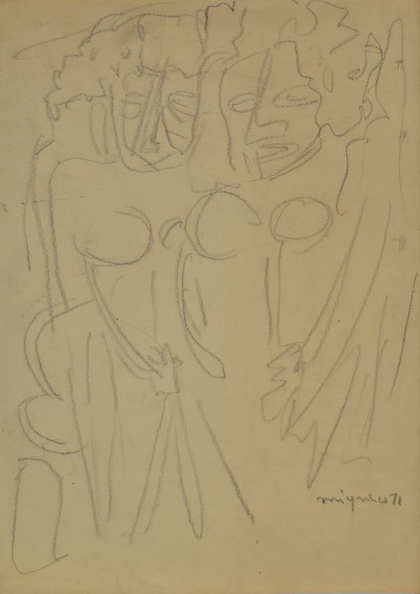 Giuseppe Migneco : Due figure  (1971)  - Matita su carta - Asta Da un Collezionista Lombardo - Galleria Pananti Casa d'Aste
