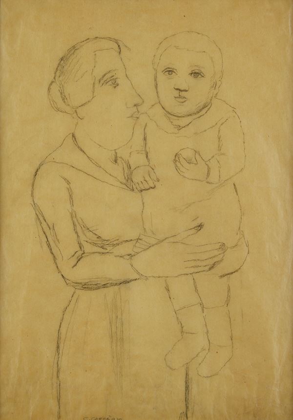 Carlo Carr&#224; : Madre con bambino  - Carboncino su carta lucida - Asta ARTE  [..]