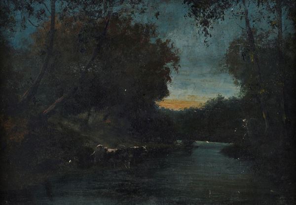 Anonimo, XX sec. - Paesaggio con mucche e fiume