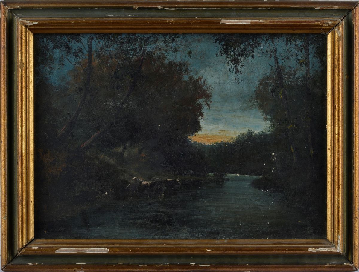 Anonimo, XX Sec. - Paesaggio con Mucche e Fiume
