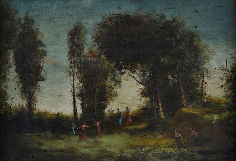 Anonimo, XX Sec. - Paesaggio con Figure Danzanti