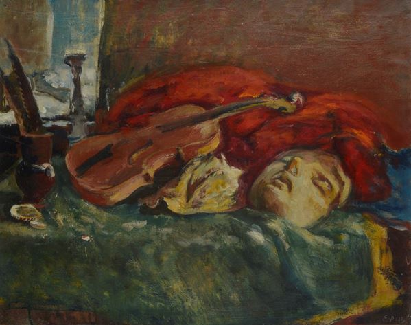 Ennio Pozzi - Natura morta con violino e maschera