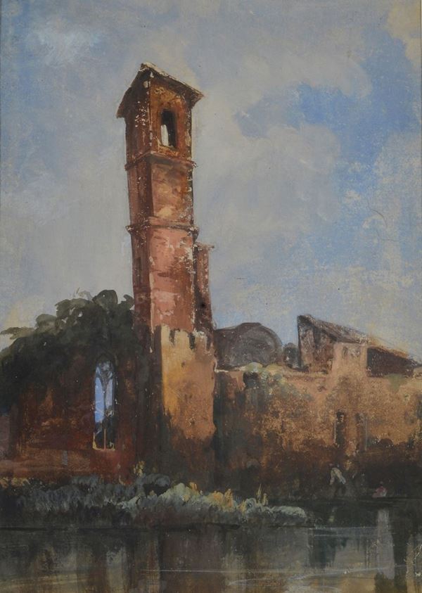 Anonimo, XIX - XX sec. - Paesaggio con rovine di chiesa