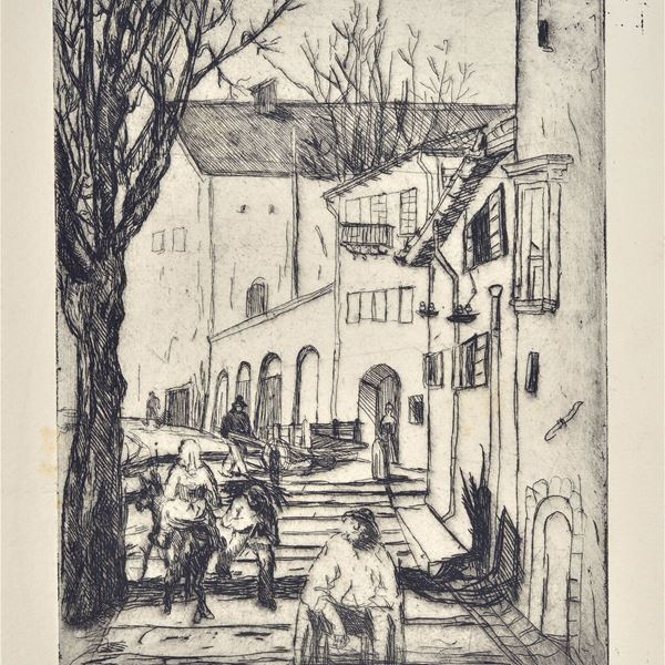 Remo Brindisi - Glimpse of the village with figures