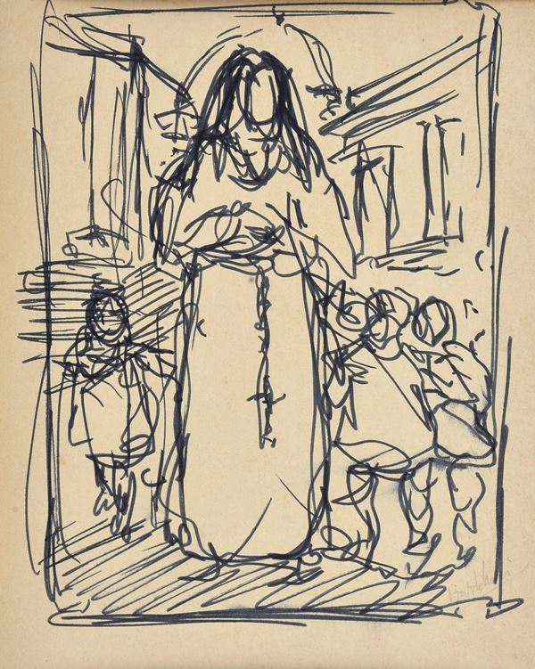 Attr. a Luigi Bartolini - Nun with children (front), Window with a view of the dome (rear)