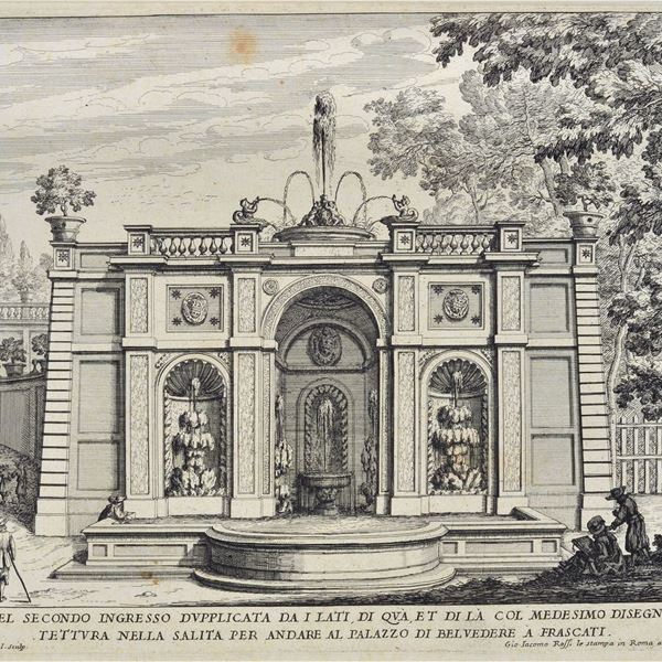 Giovanni Francesco Venturini : Fontana nel secondo ingresso [...] nella salita per andare al Palazzo di Belvedere a Frascati  - Incisione all'acquaforte - Auction PORCELAINS, PAINTINGS AND FURNISHING OBJECTS - Galleria Pananti Casa d'Aste