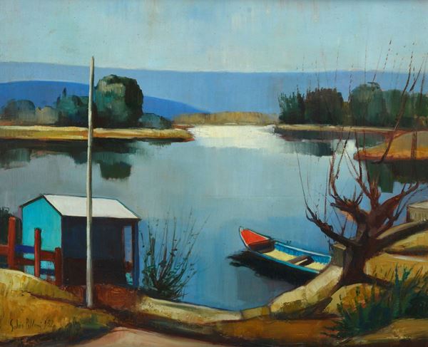 Silvio Polloni - Landscape with river and boat