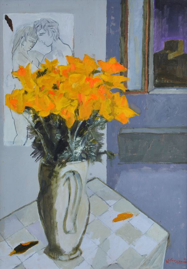 Renzo Grazzini - Interno con brocca e fiori
