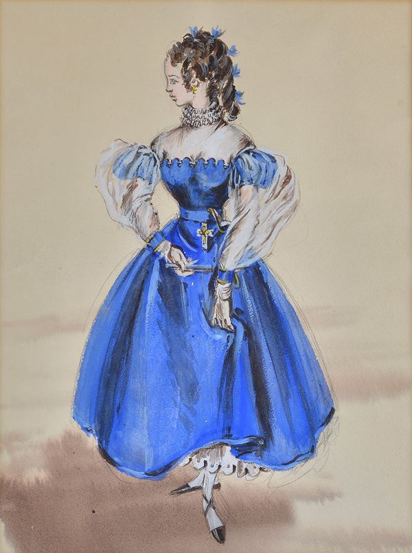 Tom Keogh : Girl in blue dress  - Mixed media on paper - Auction AUTHORS OF XIX  [..]