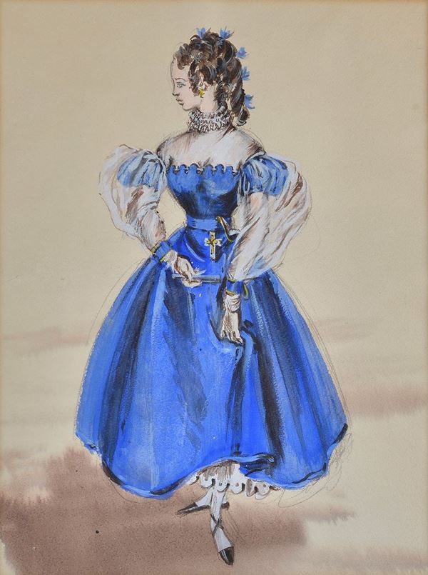 Tom Keogh : Ragazza in abito blu  - Tecnica mista su carta - Asta AUTORI DEL XIX E XX SEC - Galleria Pananti Casa d'Aste