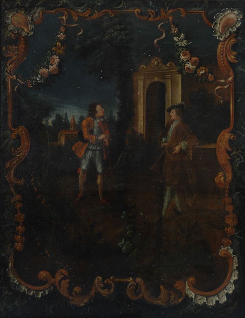 Anonimo, XVIII Sec. - Due Gentiluomini in Giardino