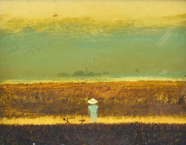 Anonimo, XX sec. - Figura nel campo (sul fronte) - Figure nel paesaggio (sul verso)