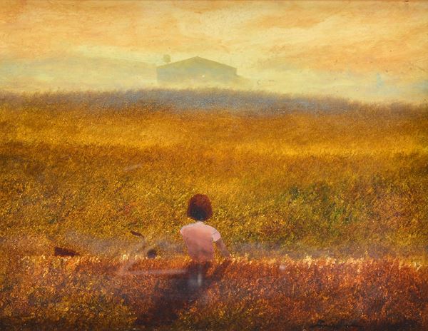 Anonimo, XX sec. - Girl in the fields with cottage