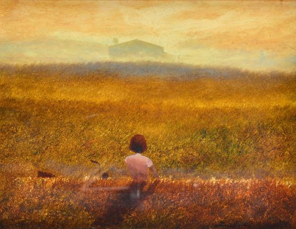 Anonimo, XX sec. - Girl in the fields with cottage