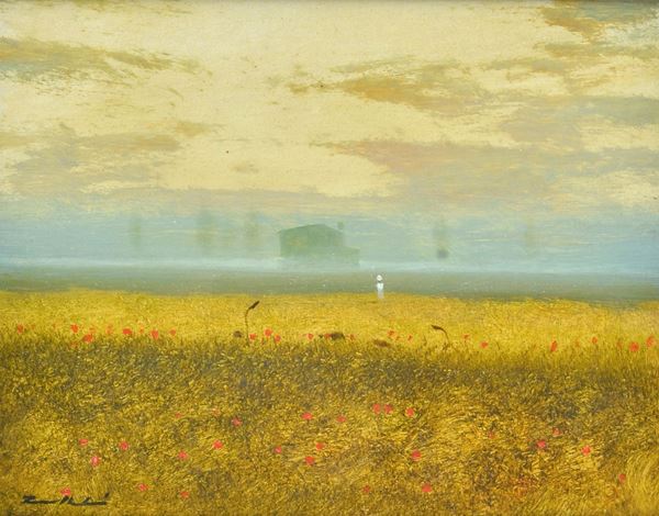 Anonimo, XX sec. - Campo di papaveri (sul fronte) - Paesaggio (sul verso)