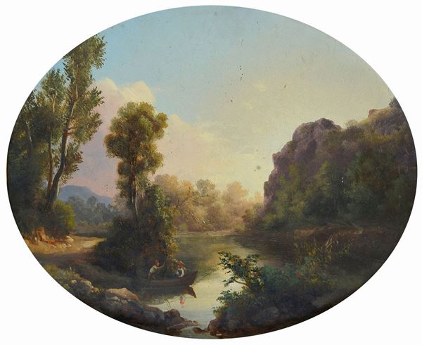 Anonimo, XIX sec. - Paesaggio fluviale con figure