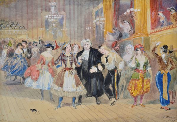 Anonimo, XIX sec. : A teatro  (1860)  - Tecnica mista su carta  - Asta AUTORI DEL  [..]