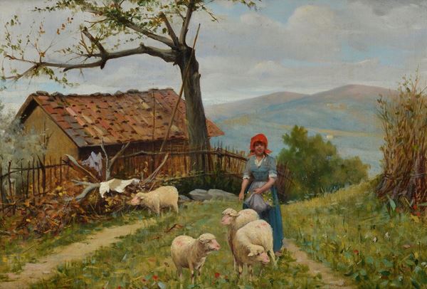 Arturo Zanieri - Paesaggio con contadina e gregge