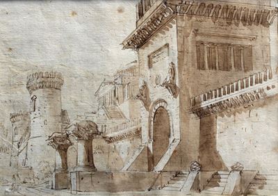 Capriccio Architettonico (fronte) Colonnato con Figure (verso)