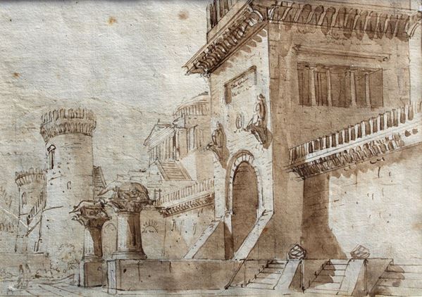 Anonimo, XVIII sec. - Capriccio architettonico (fronte) Colonnato con figure (verso)