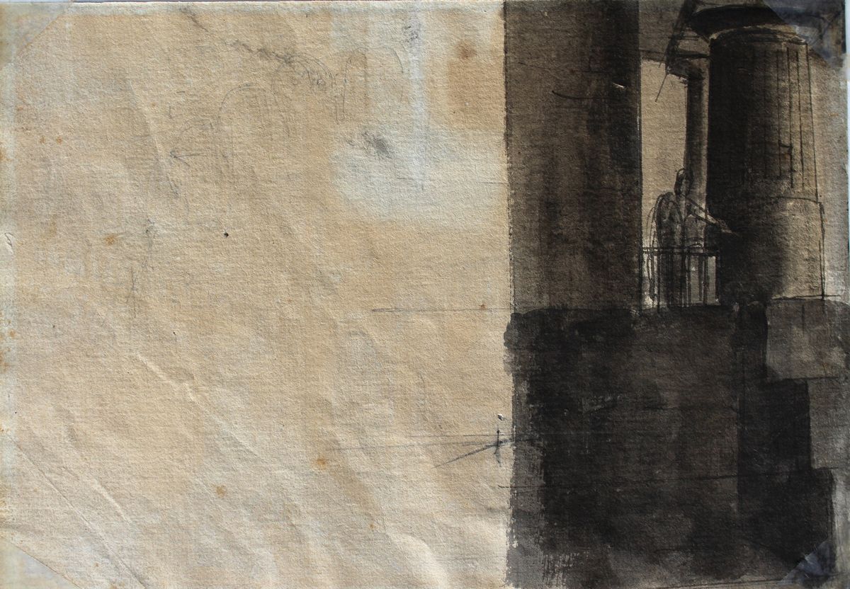 Anonimo, XVIII Sec. - Capriccio Architettonico (fronte) Colonnato con Figure (verso)