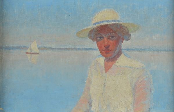 Anonimo, XX sec. - Signora con cappello e mare sullo sfondo