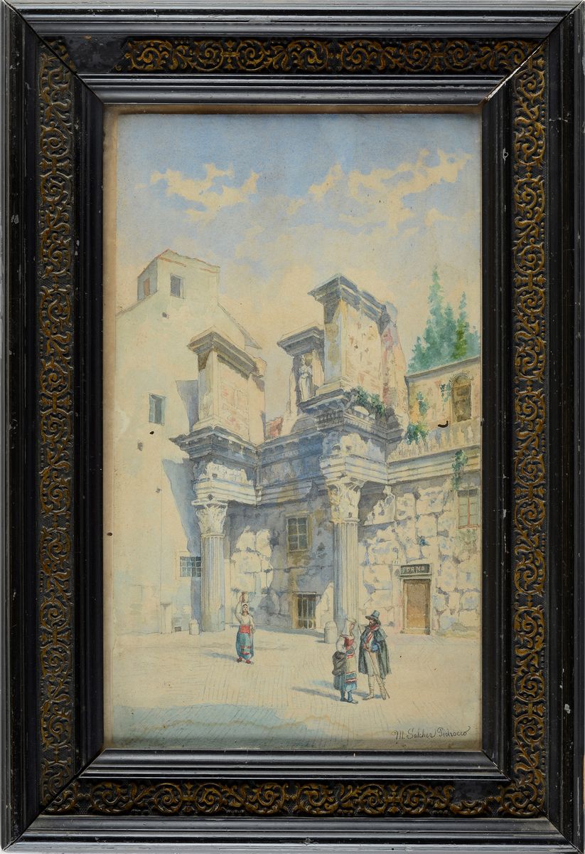 Anonimo, XIX - XX Sec. - Scorcio di Paese con Figure
