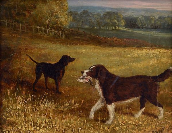 Anonimo, inizi XX sec. - Paesaggio con cani da caccia