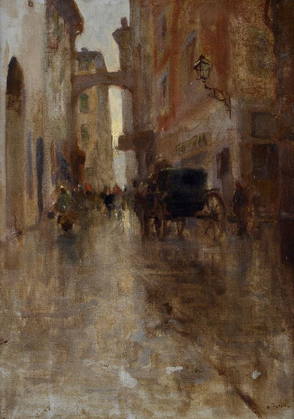 Attilio Pratella - Road with carriage and figures
