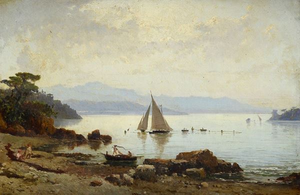 Hermann Corrodi - Glimpse of the coast with fishing boats