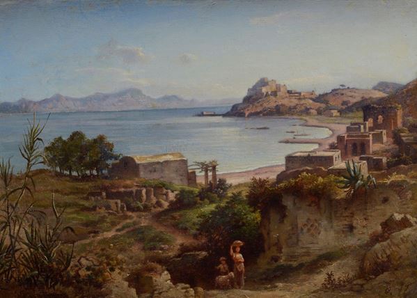 Attr. a G. E. Hering - Coastal landscape with building and little shepherds