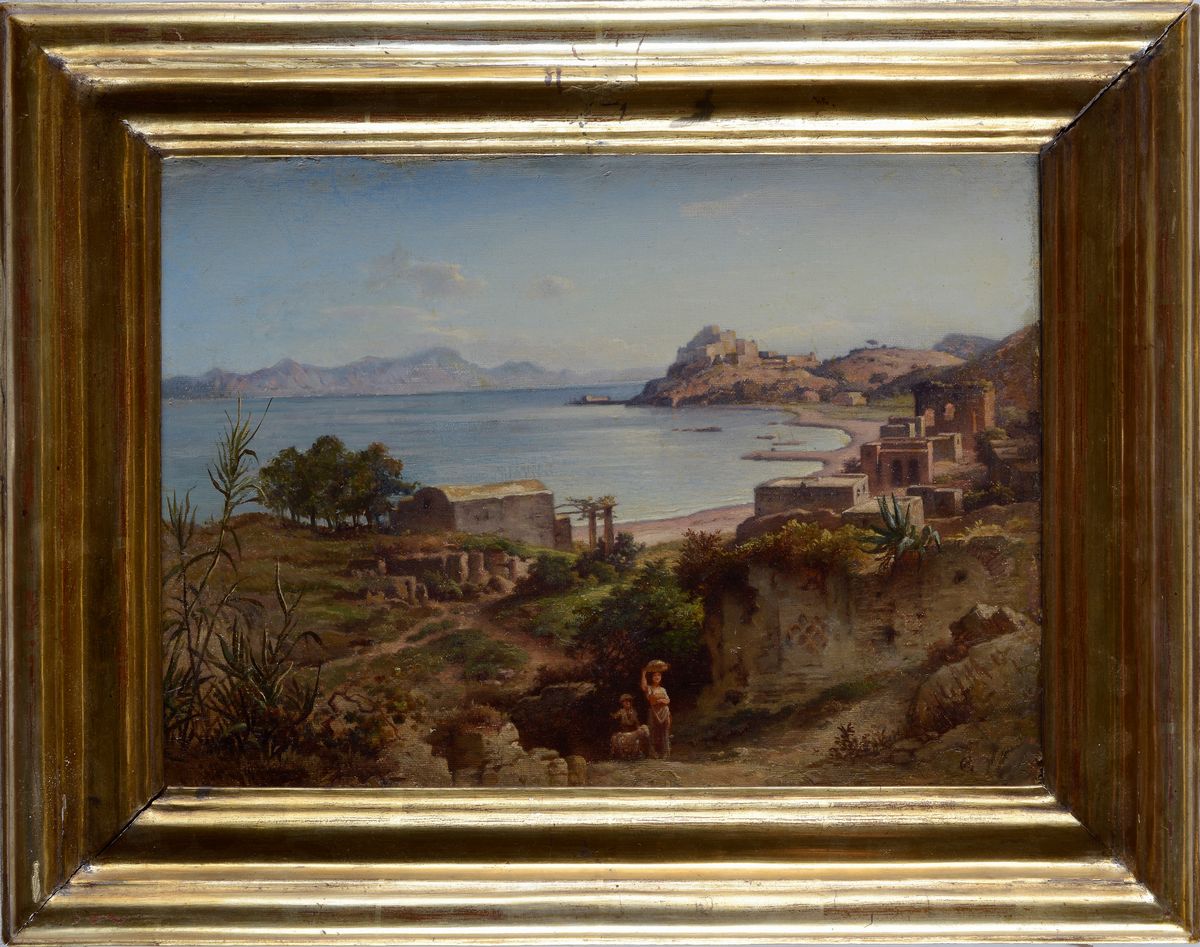 Attr. a G. E. Hering - Paesaggio Costiero con Edificio e Pastorelli
