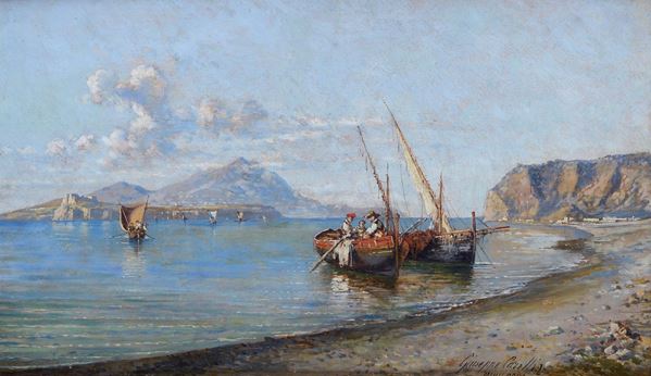 Giuseppe Carelli - Spiaggia di Miliscola con barche di pescatori