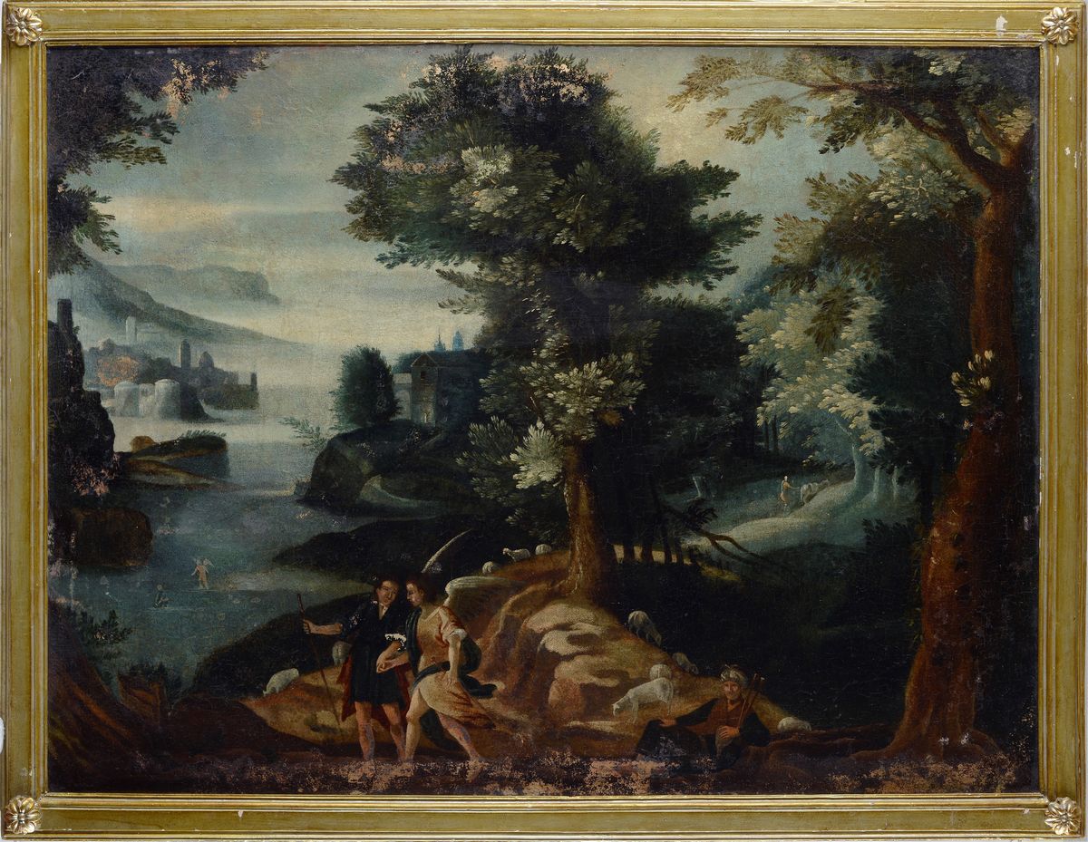 Scuola Fiamminga, XVI-XVII Sec. - Paesaggio con Tobiolo e L'angelo