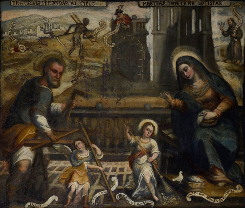 Scuola Italia Settentrionale, XVII Sec. - La Sacra Famiglia - Tre Gradi per Andare al Cielo