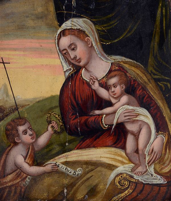 Scuola Veneto - Cretese, XVI sec. - Madonna con il Bambino e S. Giovannino