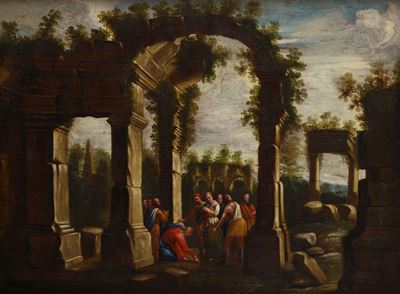 Capriccio Architettonico con Scena di Cristo e L'adultera