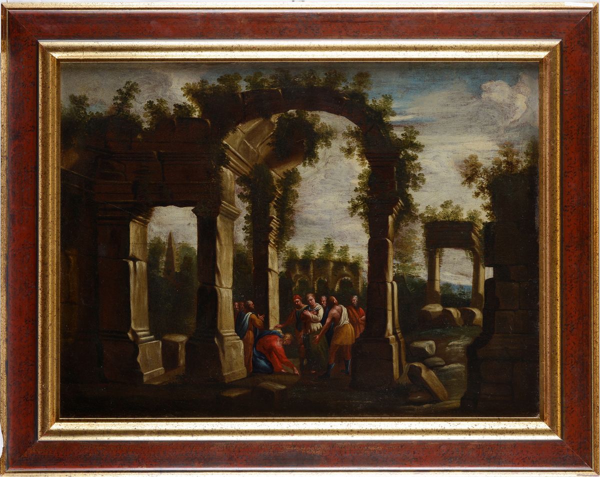 Scuola Italia Settentrionale, XVIII Sec. - Capriccio Architettonico con Scena di Cristo e L'adult...