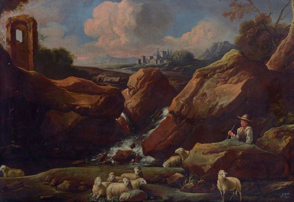 Scuola Fiamminga, XVII sec. - Paesaggio con pastore e gregge