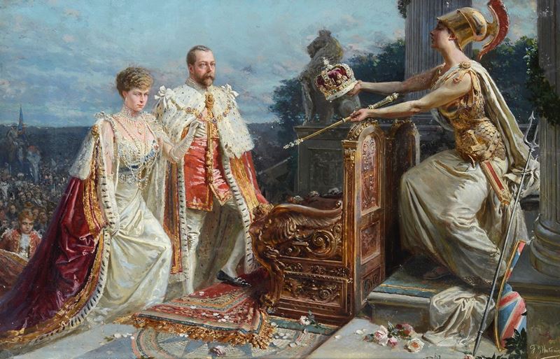 Fortunino Matania - Giorgio V e Maria di Teck Incoronati dalla Personificazione Dell'inghilterra