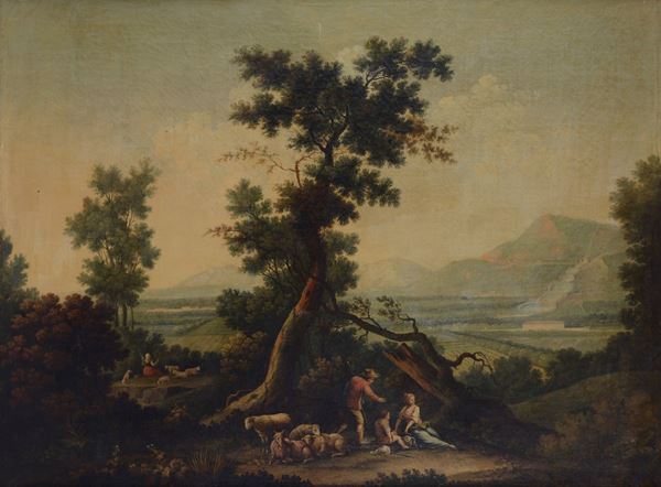 Scuola Francese, XVIII sec. - Paesaggio con veduta della Reggia di Caserta e figure di pastori