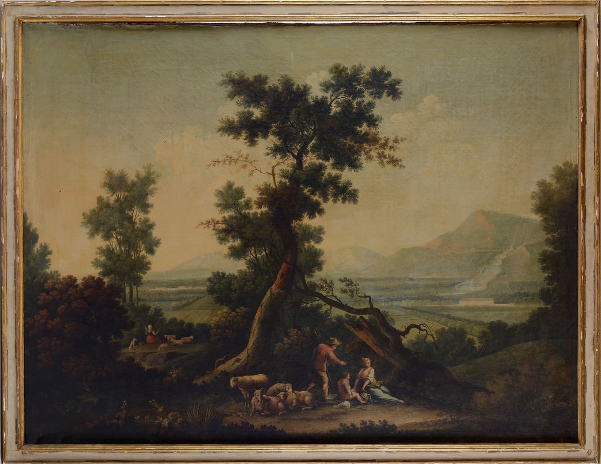 Scuola Francese, XVIII Sec. - Paesaggio con Veduta della Reggia di Caserta e Figure di Pastori