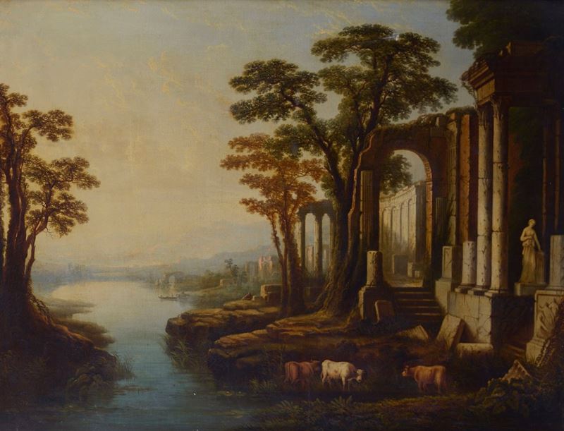 Scuola Italia Centrale, XVIII Sec. - Paesaggio con Capriccio Architettonico