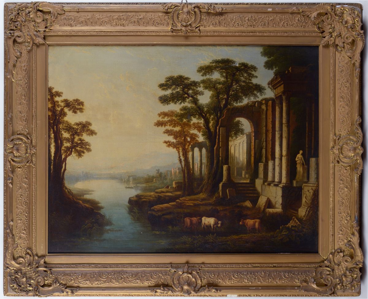 Scuola Italia Centrale, XVIII Sec. - Paesaggio con Capriccio Architettonico