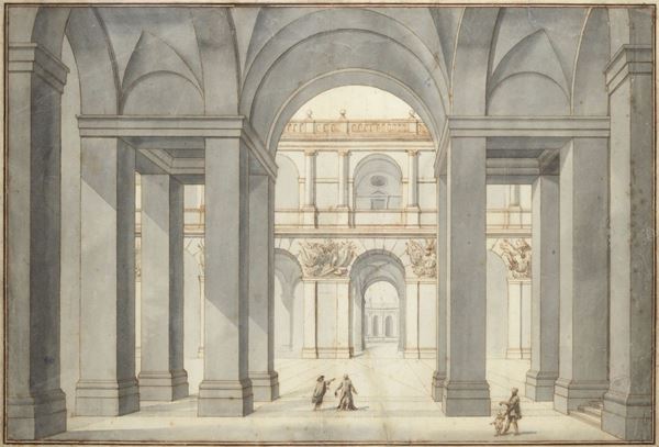 Scuola Toscana, XVIII sec. - Courtyard study with figures