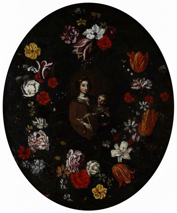 Anonimo, XVII sec. - Madonna con Bambino entro ghirlanda di fiori (ovale)