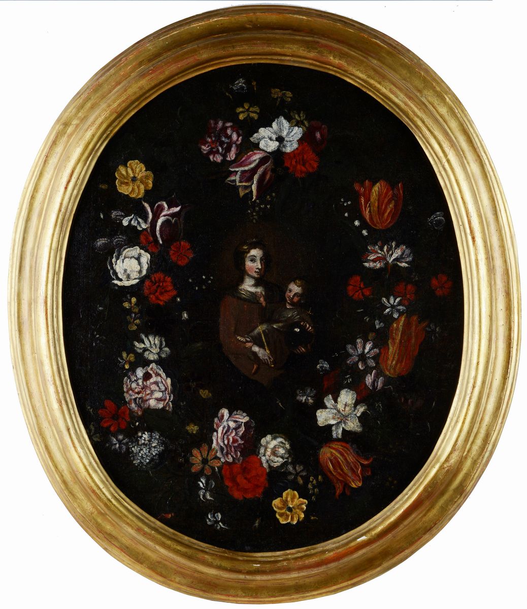 Anonimo, XVII Sec. - Madonna con Bambino Entro Ghirlanda di Fiori (ovale)